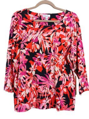 Kim Rogers Floral Tunic Women’s XL Pink Multi Stretch Tropical Boho Pullover